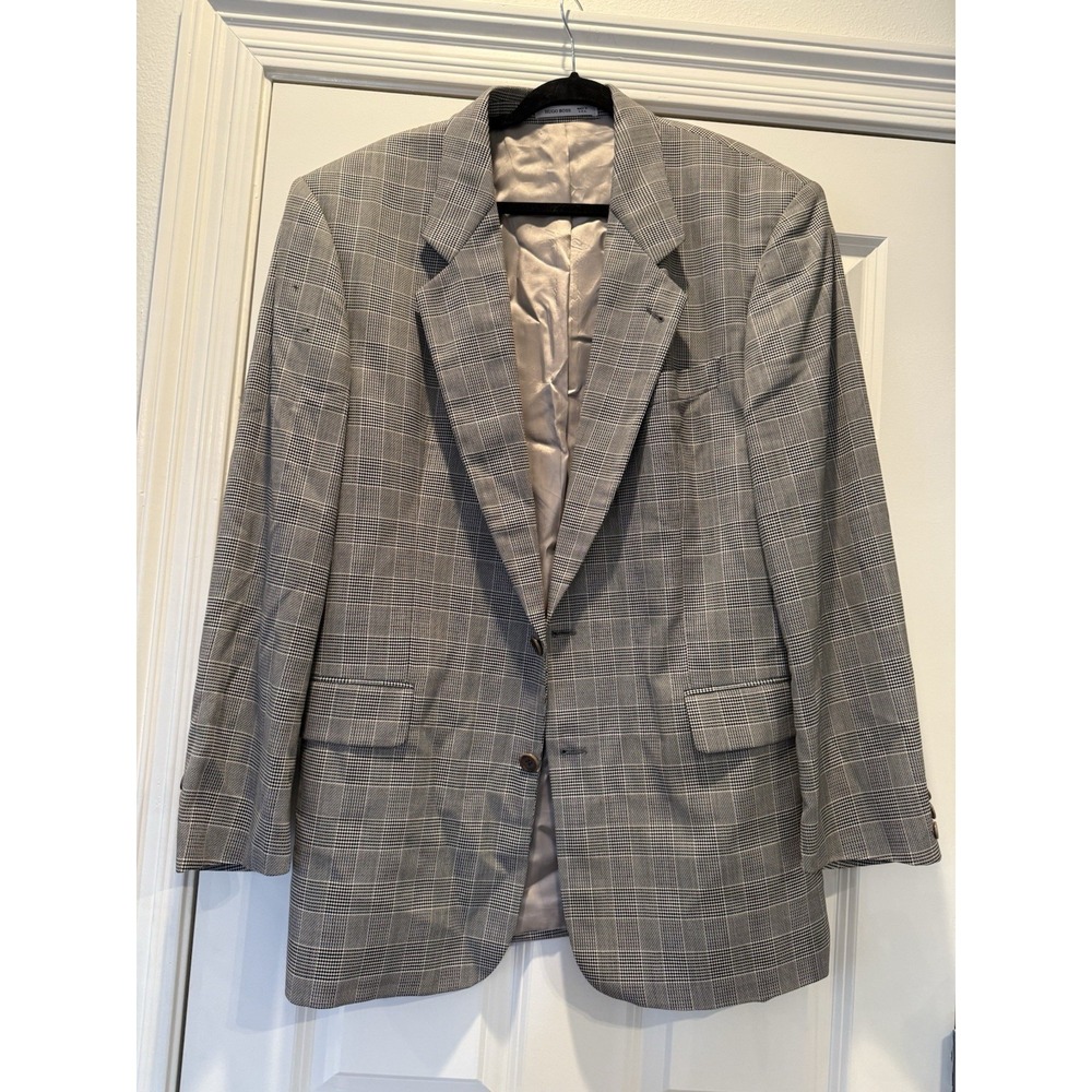 Hugo Boss Blazer 42L Loro Piana Super 100s‎ Wool Glen Check Plaid USA Saks 5th